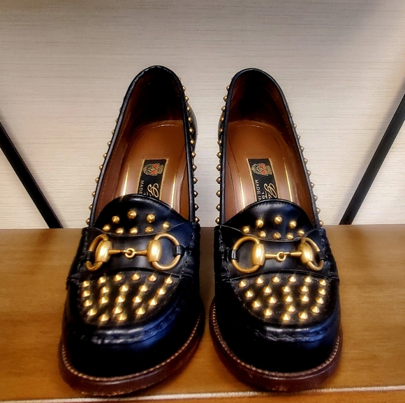 Gucci Alyssa Black and Gold stud heel loafers 38 - Picture 2 of 6